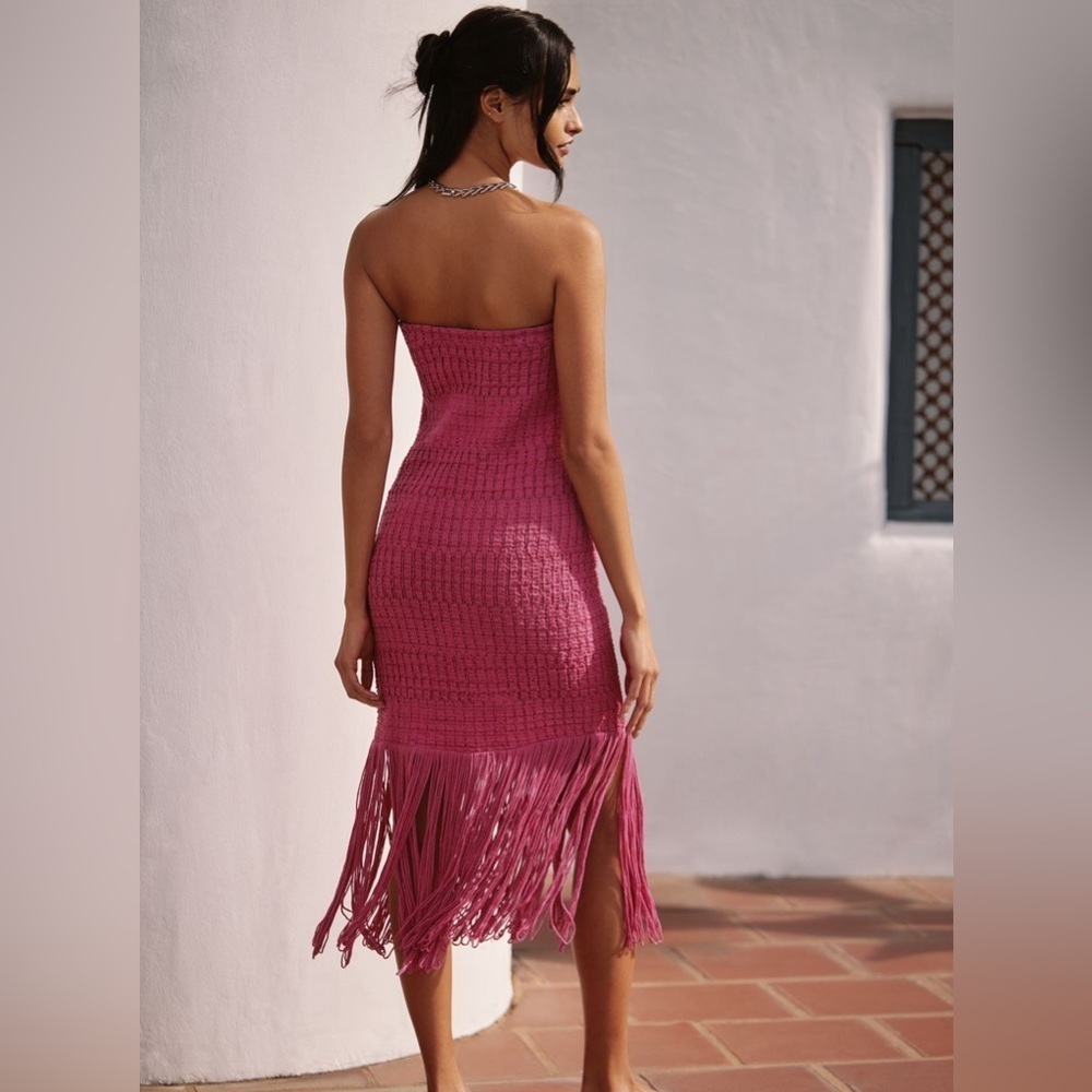 NWT! Celandine Strapless Crochet Fringe-Trim Knit Dress in Raspberry ☀️ - Picture 3 of 15